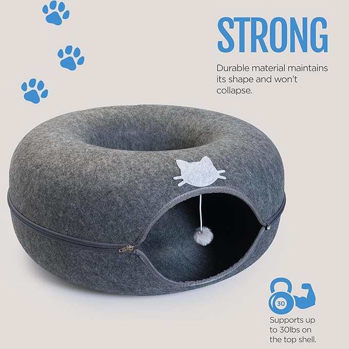 Meow Mansion Large Cat Cave Donut - Cat Tunnel; up to 30lbs - 3 Toy Balls &amp; Hanging Ball Included - Scratch Resistant, Detachable and Cleanable Cat Donut Bed