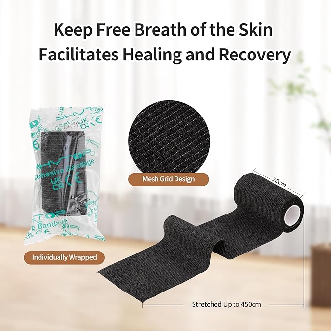 PHYTOP 12 Rolls Self Adhesive Bandage Wrap, Cohesive Bandage 4 inches x 5 Yards, Sports Wrap Tape, Also for Horses &amp; Dogs as Breathable Vet Wrap (Black)
