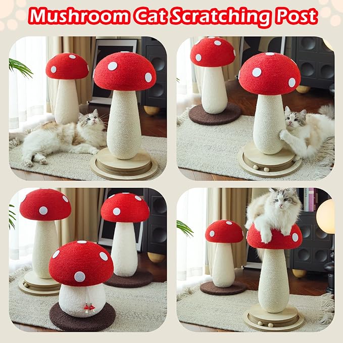 Cat Scratching Post Mushroom Cat Tree with Natural Sisal, Weighted Base &amp; Interactive Ball - for Kittens to Adult Cats - Perfect for Indoor Cats (Red, Large 21 in, 7)