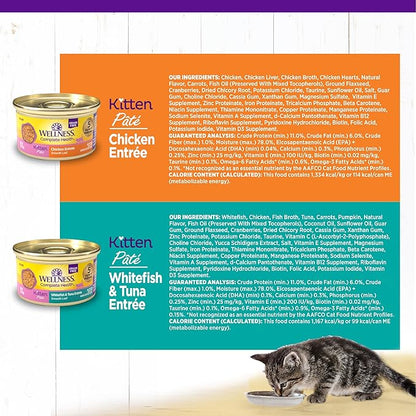 Wellness Complete Health Pate Kitten Wet Cat Food, Natural, Protein-Rich, Grain Free, 3 Ounce, 12 Pack, (Whitefish &amp; Chicken Variety Pack)