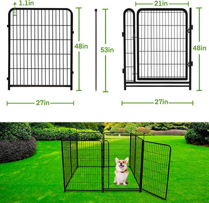 Tall Garden Fence Animal Barrier,Wide Gate Low Threshold Fence Panels, 48in(H) 4 Panels Total 8.9 Ft(L) Flower Bed Fencing, Heavy Metal Dog Fence Outdoor for Yard