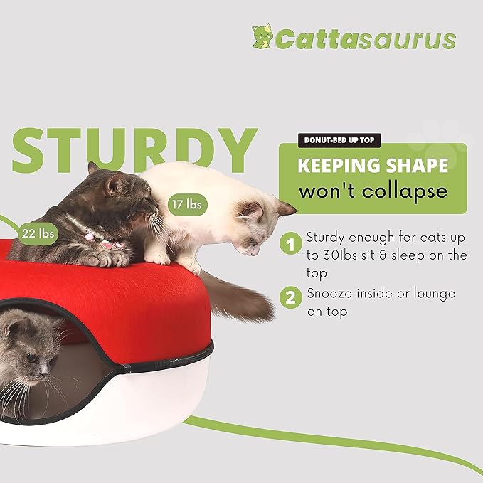 CATTASAURUS Peekaboo Cat Cave for Multiple &amp; Large Cats Up to 30-45 Lbs, Scratch Detachable &amp; Washable Tunnel Bed, Comfy Donut Cat Cave (Ruby Snowball, Large)