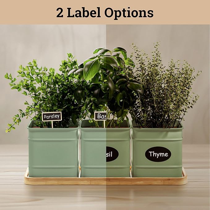 Herb Planter Indoor - 3 Iron Herb Pots with Drainage Holes, Varnished Bamboo Tray, Customizable Labels &amp; Marker Pen - Indoor Herb Garden Planter - 3 Pots for Herbs - Inside Spice Garden - Basil Pot