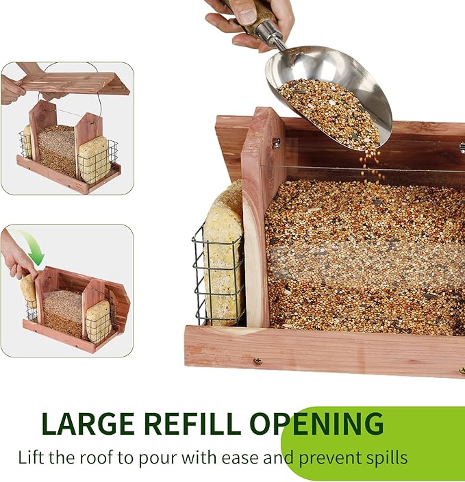 Solution4Patio US Cedar Hopper Bird Feeder for Outdoors Hanging, Handcrafted Wood Double Suet Cage &amp; Clear View Windows, Squirrel-Proof Wild Bird Feeder for Cardinals, Finches, Chickadees