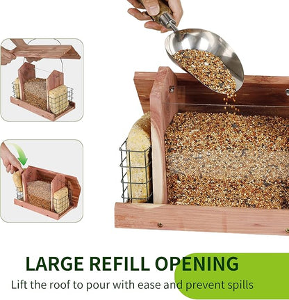 Solution4Patio US Cedar Hopper Bird Feeder for Outdoors Hanging, Handcrafted Wood Double Suet Cage &amp; Clear View Windows, Squirrel-Proof Wild Bird Feeder for Cardinals, Finches, Chickadees