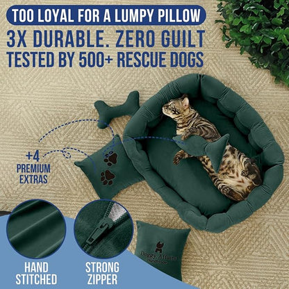 Luxury Cat and Dog Bed Chesterfield – Handcrafted Velvet Throne for Dogs | Joint Support, Calming &amp; Temp-Regulating Comfort | Durable 5+ Years, Anti-Claw, Washable 100+ Times – S, Green