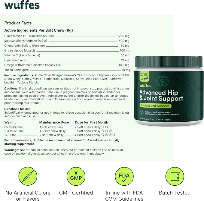 Wuffes Chewable Dog Hip &amp; Joint Supplement - Glucosamine &amp; Chondroitin Chews - Dog Joint Supplements &amp; Vitamins - Extended Joint Care (Large Breed (Over 65 lbs), 90 Chews (Pack of 3))