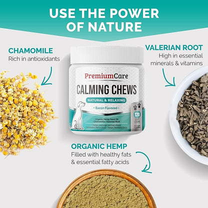 PREMIUM CARE Hemp Calming Chews for Dogs, Made in USA - Helps with Dog Anxiety, Separation, Barking, Stress Relief, Thunderstorms and More, 9.3 oz (264g), 120 Count