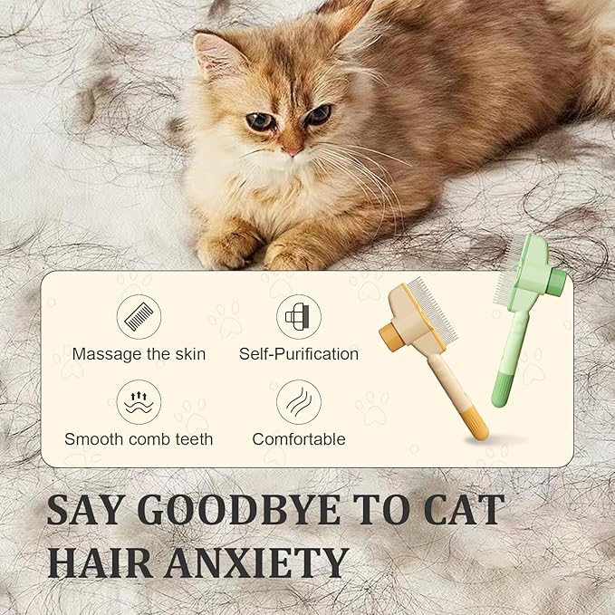 2-Pack Pet Hair Removal Comb &amp; Flea Comb with Release Button for Cats &amp; Dogs - Grooming Brush for Short/Long Hair Green &amp; Yellow