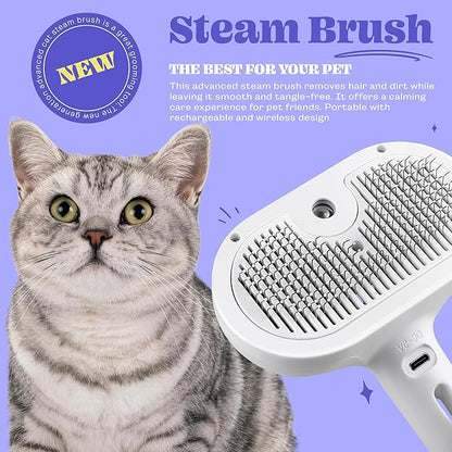 Rechargeable Silicone 3 in 1 Pet Hair Removal Tool - Self Cleaning Steamy Brush for Massage, Shedding &amp; Grooming - Cat &amp; Dog Hair Remover