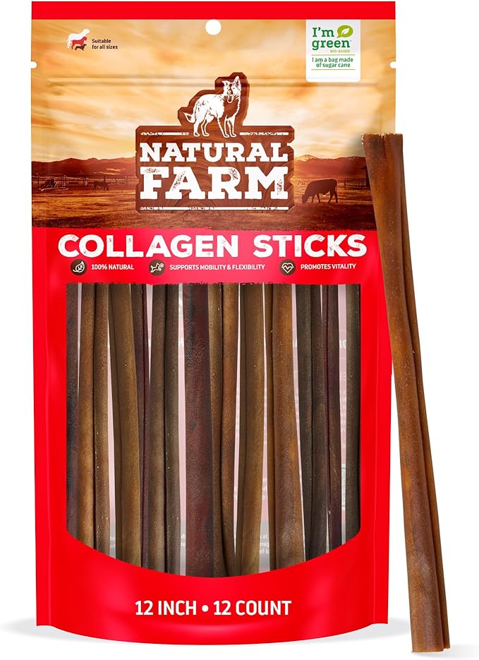 Natural Farm Odor-Free Collagen Chews, (12-Inch, 12-Pack), Long Lasting Bully Sticks &amp; Rawhide Alternative Dog Treats, 95% Collagen, High Protein Best Dental Dog Treats – Medium &amp; Large Dogs