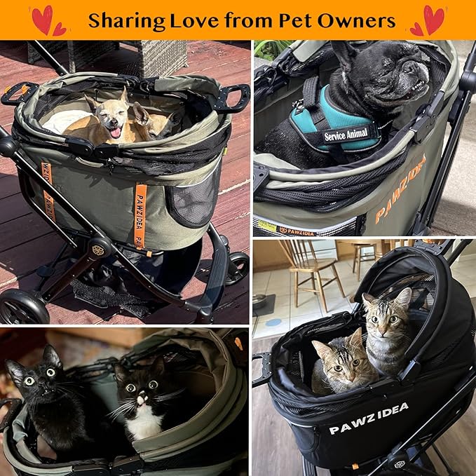 PAWZIDEA Dog Stroller 4 in 1, Pet Stroller for Cats with Detachable Carrier for Small/Medium Dogs/Cats, Seatbelt Car Seat Combo, Cozy House, Foldable &amp; Lightweight Jogger Strollers, Storage Basket