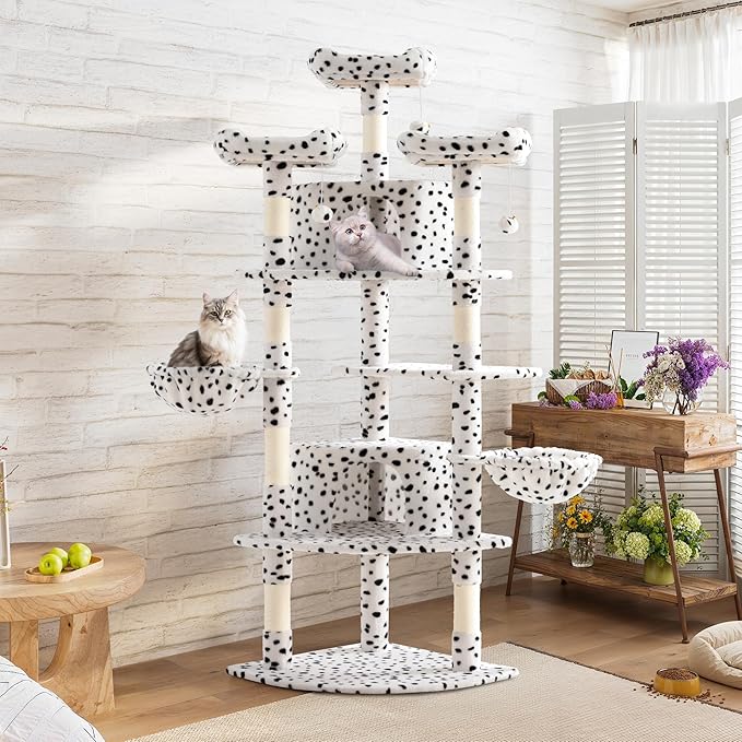SHA CERLIN 73in Fan-Shaped Corner Cat Tower for Save Space/Multi-Level Tall Tree for Indoor Kitties/Condo with Baskets/Cozy Perches/Sisal Scratching Posts/Pet Activity House/White &amp; Black Spot