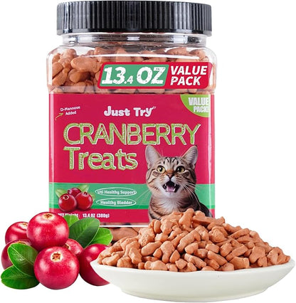 Just Try 13.4 OZ Urinary Tract Cat Treats for Indoor Cats Health Supplement Cranberry &amp; D-Mannose for Kidney Bladder UT Support Salmon Flavor Crunchy Chews Cat Loves