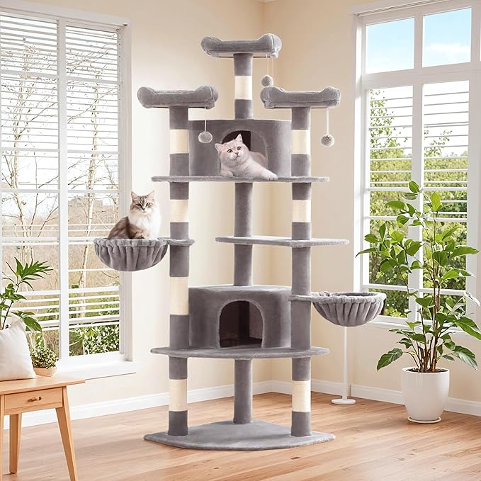 SHA CERLIN 73" Space-Saving Cat Tree/Multi-Level Tall Cat Tower with Perches/Scratching Posts/Condo &amp; Hanging Baskets/Modern Fan-Shaped Design for Indoor Kitties/Pet Activity House/Grey