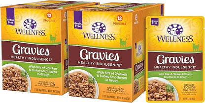 Wellness Healthly Indulgence Gravy Adult Wet Cat Food, Natural, Protein-Rich, Grain Free, 3 Ounce Pouch, 24 Pack, (Chicken &amp; Turkey)