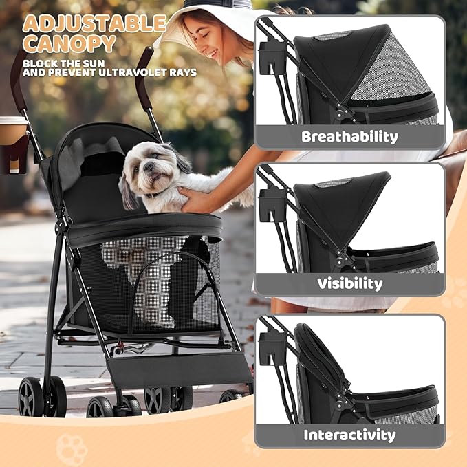 Magshion Compact Pet Stroller for Small-Medium Dogs/Cats up to 22lbs, 4-Wheel Lightweight Umbrella Shaped Portable Puppy Travel Jogger with Breathable Mesh, Cup Holder &amp; Rear Storage, Black