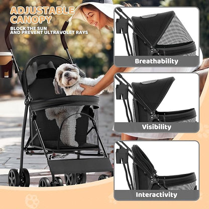 Magshion Compact Pet Stroller for Small-Medium Dogs/Cats up to 22lbs, 4-Wheel Lightweight Umbrella Shaped Portable Puppy Travel Jogger with Breathable Mesh, Cup Holder &amp; Rear Storage, Black