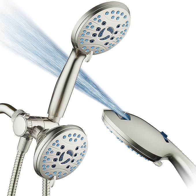 Hotel Spa AquaCare As-Seen-On-TV High Pressure 48-setting Rain &amp; Handheld 3-way Shower Head Combo - Anti-clog Nozzles/Tub, Tile &amp; Pet Power Wash/Extra Long 6 ft. Hose/Satin Nickel Finish