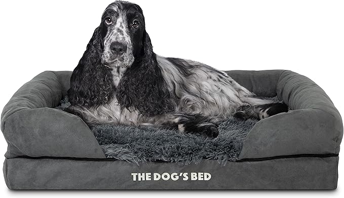 The Dog’s Bed, Medium Grey Faux Fur 30x23.5, Memory Foam, Pain Relief: Arthritis, Hip &amp; Elbow Dysplasia, Post Surgery, Lameness, Supportive, Calming, Washable Cover, Veterinary Approved