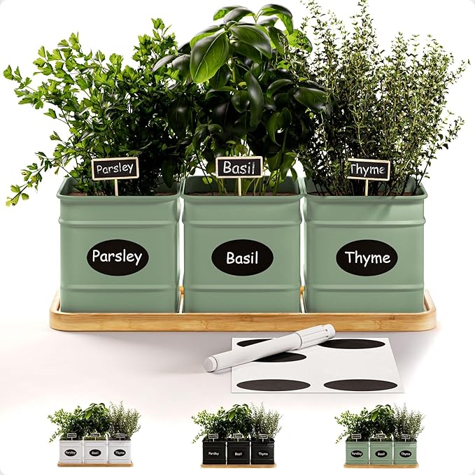Herb Planter Indoor - 3 Iron Herb Pots with Drainage Holes, Varnished Bamboo Tray, Customizable Labels &amp; Marker Pen - Indoor Herb Garden Planter - 3 Pots for Herbs - Inside Spice Garden - Basil Pot