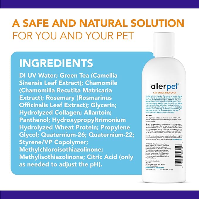Allerpet Aloe Vera Free Cat Dander Remover - Pet Dander Allergy Relief, Natural &amp; Safe Allergy Relief for Cats and Humans, Soothing Chamomile &amp; Rosemary, Made in USA (12 oz)