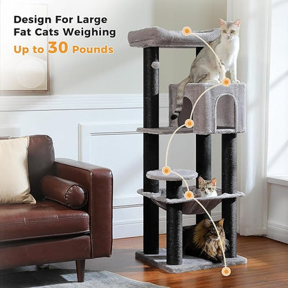Large Cat Tree with Reinforced Scratching Posts (φ3.1in) for Big Adult Cats 30 lbs, 57.8" Heavy Duty Cat Tower with Larger Hammock and Condo, Cat Furniture for Maine Coon, Plush,Black
