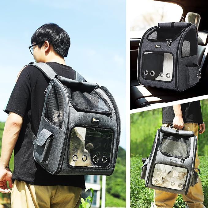 Hoopet Expandable Cat Backpack Carrier – Breathable Pet Carrier for Small Cats &amp; Dogs, Foldable Travel Backpack with Mesh Ventilation for Hiking, Walking, Camping, Dark Grey