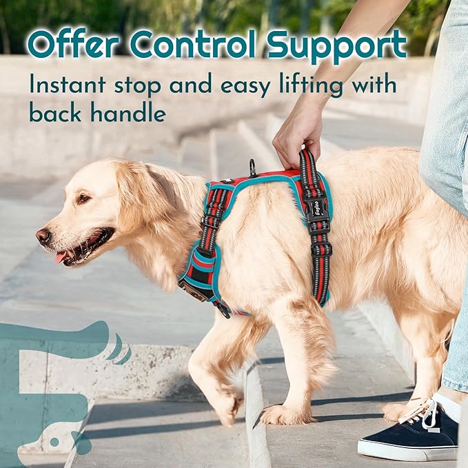 Eagloo Dog Harness Medium Sized, Easy Wearing with 3 Buckles, Adjustable No Pull Pet Harness with 2 Rings for Walking, No Chock Reflective Soft Padded Vest with Control Handle, Red &amp; Teal, M
