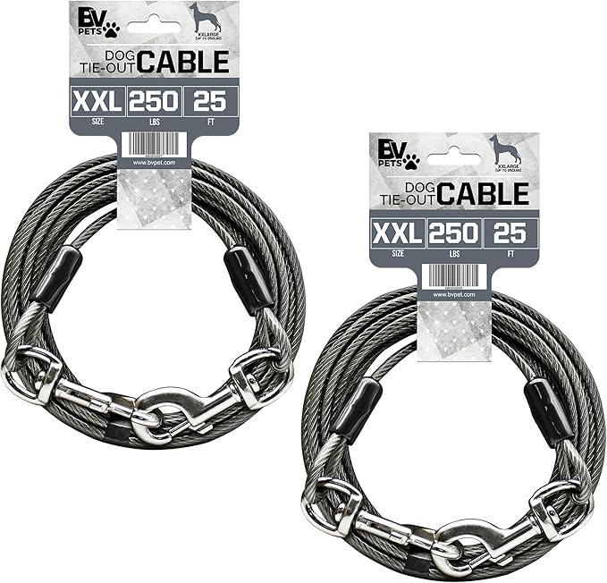 BV Dog Tie Out Cable 25 Feet - Heavy Duty Dog Lead Up to 250 Pounds - Reflective &amp; Rust-Free with Quick Release Swivel Clips &amp; 360° Rotating Clasp - Tangle-Free Dogs Runner for Yard (Grey, Pair)