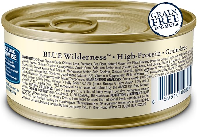 Blue Buffalo Wilderness High-Protein &amp; Grain-Free Wet Cat Food Paté for Adult Cats 7+, Made with Natural Ingredients, Chicken Recipe, 3-oz. Cans (24 Count)