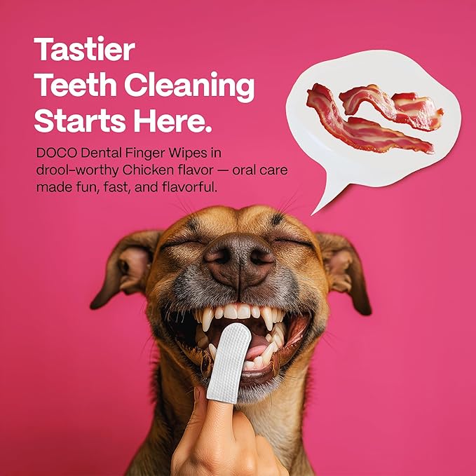 DOCO Dog Teeth Cleaning Wipes Dental Finger Wipes for Cats &amp; Dogs Remove Plaque &amp; Tartar, Freshen Breath, No Rinse, Easy &amp; Effective Pet Tooth Cleaning Kit for Oral Care, Bacon Flavor, 100 Count