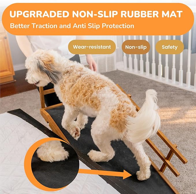 Dog Ramp for Bed, 5 Level Adjustable Dog Ramp for High Beds, Upgrade Rubber Mat High Traction Ramp with Safety Rails, Folding Pet Ramp for Bed, Couch,SUV, Natural Wood Pet Ramp for Small &amp; Old Dogs