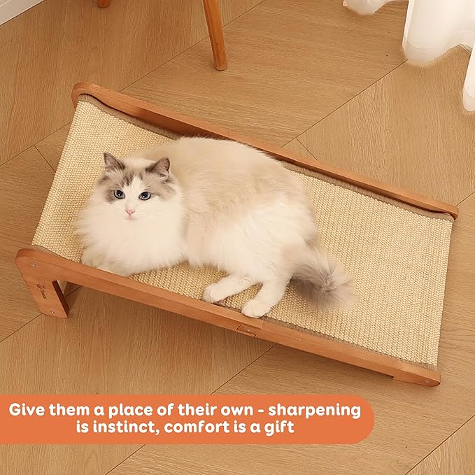 L-Shaped Cat Scratching Post - Beechwood Base, 28.5" Natural Sisal Woven Cat Scratch Pad, Durable Cat Scratcher, Furniture Protector for Cats&
