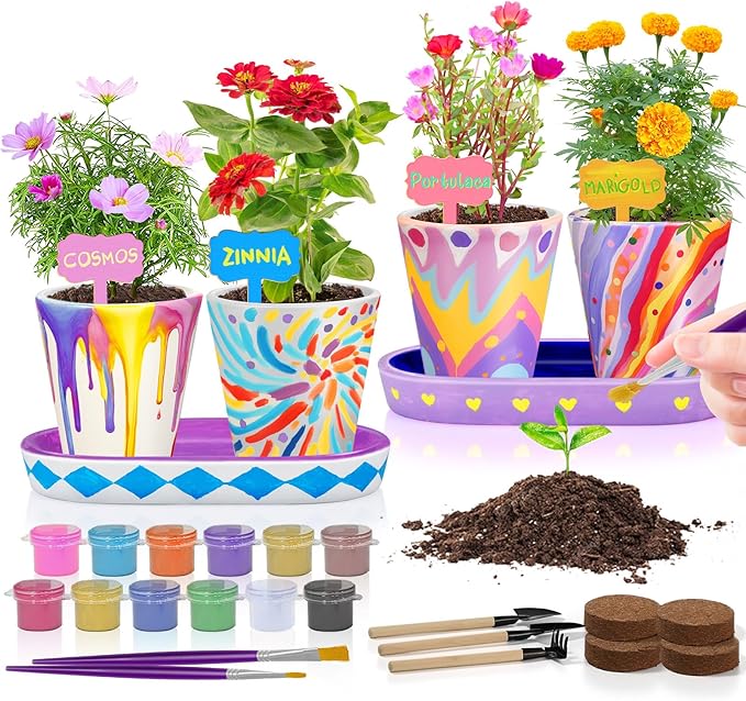 4 Set Paint &amp; Plant Flower Gardening Kit - Gifts for Girls Ages 8-12, Arts and Crafts for Kids Ages 8-12, Kids Gardening Set, Birthday Toys Gifts for Girls Boys Ages 6 7 8 9 10 11 12