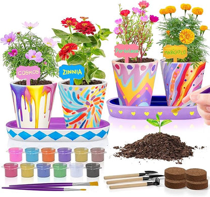 4 Set Paint &amp; Plant Flower Gardening Kit - Gifts for Girls Ages 8-12, Arts and Crafts for Kids Ages 8-12, Kids Gardening Set, Birthday Toys Gifts for Girls Boys Ages 6 7 8 9 10 11 12