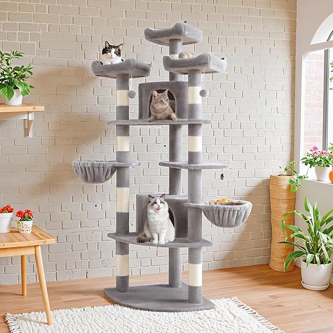 SHA CERLIN 73" Space-Saving Cat Tree/Multi-Level Tall Cat Tower with Perches/Scratching Posts/Condo &amp; Hanging Baskets/Modern Fan-Shaped Design for Indoor Kitties/Pet Activity House/Grey