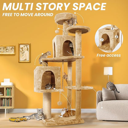 59in Large Cat Tree Tower for Indoor Cats with Soft Plush Hang Ball, Two Condos, Sisal Scratch Posts &amp; Rope Play for Kittens/Adult Cats, New Beige