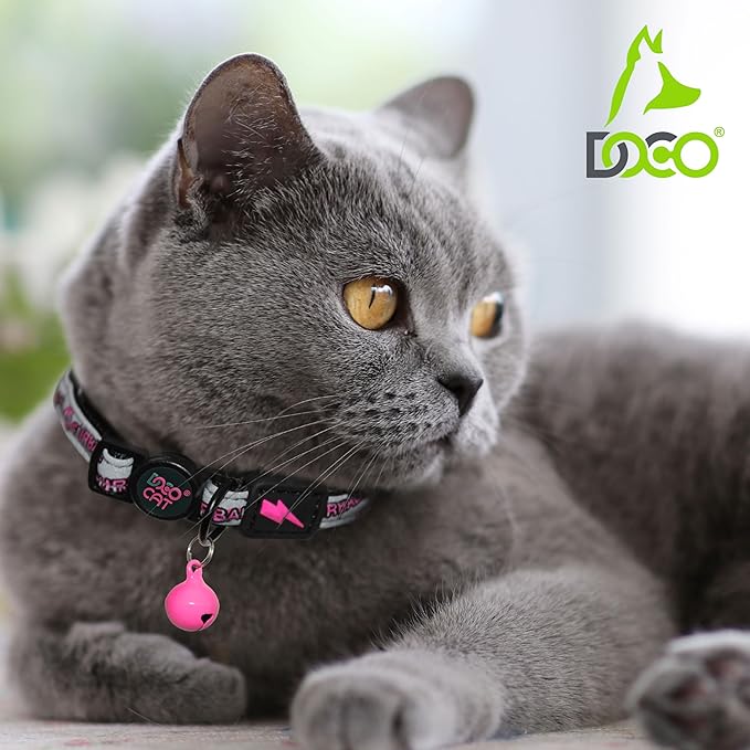 DOCO Cat Collar (Neck Girth - 3/8" x 7.5-12", Weight Upto - 13lb) Reflective Cat Collar with Bell, Breakaway Safety Buckle, Adjustable Nylon Strap for Kittens &amp; Adult Cats (Blue)