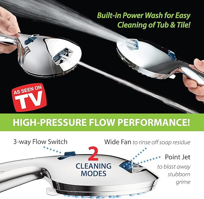 Hotel Spa AquaCare High Pressure 8-Mode Handheld Shower Head - Anti-clog Nozzles, Built-in Power Wash to Clean Tub, Extra Long 6 ft. Stainless Steel Hose, Wall &amp; Overhead Brackets