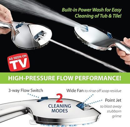 AquaCare High Pressure 8-mode Handheld Shower Head - Anti-clog Nozzles, Built-in Power Wash to Clean Tub, Tile &amp; Pets, Extra Long 6 ft. Stainless Steel Hose, Wall &amp; Overhead Brackets