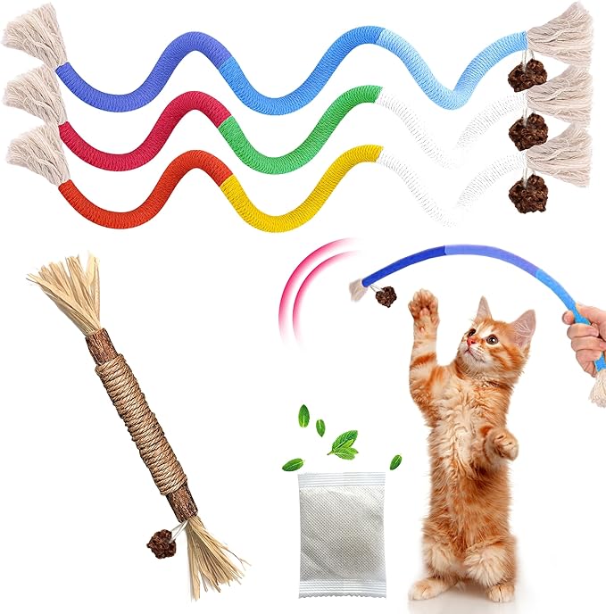 Cat Toys Chew Rope &amp; Silvervine Sticks for Bored Indoor Adult Cats, 4Pcs Interactive Catnip Toys for Cats with Refillable Natural Catnip Bag for Teeth Cleaning