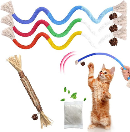 Cat Toys Chew Rope &amp; Silvervine Sticks for Bored Indoor Adult Cats, 4Pcs Interactive Catnip Toys for Cats with Refillable Natural Catnip Bag for Teeth Cleaning