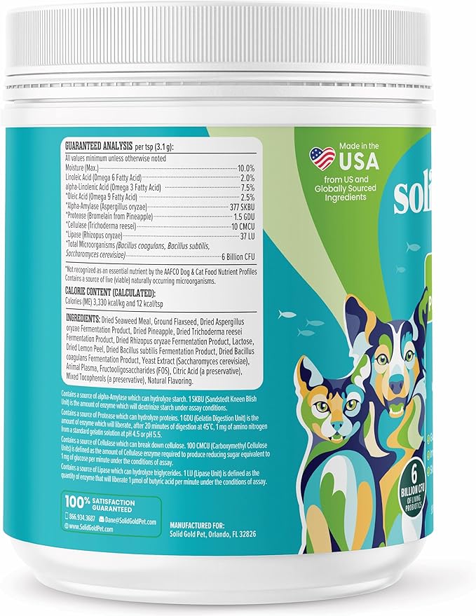 Solid Gold SeaMeal Cat Probiotic &amp; Dog Probiotics for Digestive Health - Kelp Powder Dog &amp; Cat Multivitamin Supplement w/Prebiotics &amp; Digestive Enzymes for Skin, Coat, &amp; Gut + Immune Support - 8oz
