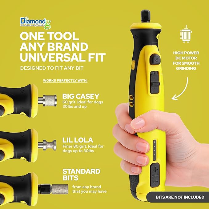 Diamondg Cordless Dog Nail Grinder with Quiet Sound &amp; LED Tip for Large &amp; Small Dogs, 4hrs. Runtime, 2 Bits Included, Yellow