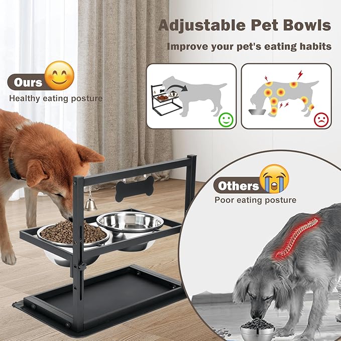 SHAINFUN Elevated Dog Bowls - Slow Feeder, Raised Stand with Two 1700ML Stainless Steel Bowls, Spill Proof Mat for Large &amp; Medium Dogs