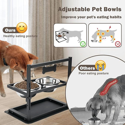 SHAINFUN Elevated Dog Bowls - Slow Feeder, Raised Stand with Two 1700ML Stainless Steel Bowls, Spill Proof Mat for Large &amp; Medium Dogs