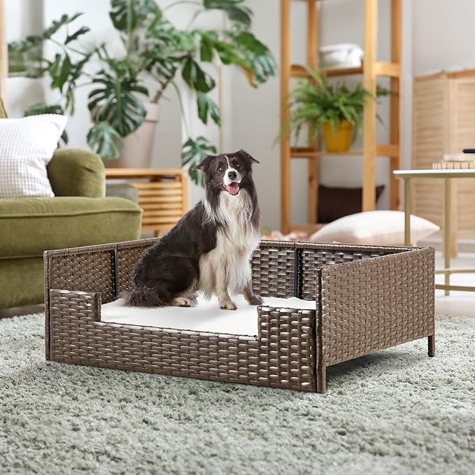 YITAHOME Rattan Dog Sofa Bed with Cushion, Wicker Pet Bed Sofa Couch Indoor Outdoor Waterproof for Large Medium Small Dogs Cats (34.6&