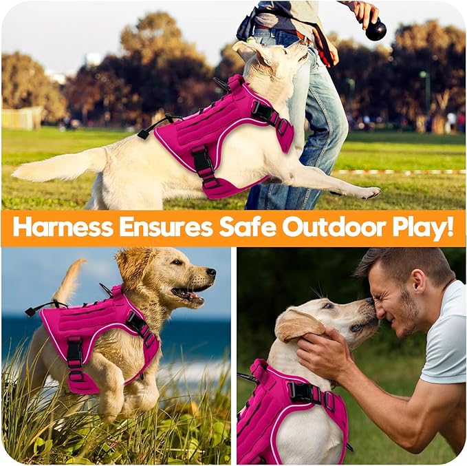 Heavy-Duty Tactical Dog Harness for Large Dogs, No Pull Adjustable Reflective Pet Vest with Molle System, K9 Military-Grade Control for Service Training, Outdoor &amp; 10+ Breeds, Hot Pink, X-Large