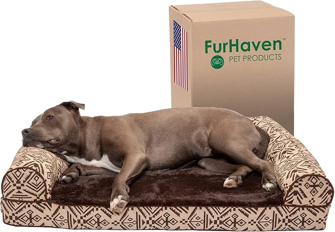 Furhaven Orthopedic Dog Bed for Large/Medium Dogs w/ Removable Bolsters &amp; Washable Cover, For Dogs Up to 55 lbs - Plush &amp; Southwest Kilim Woven Decor Sofa - Desert Brown, Large